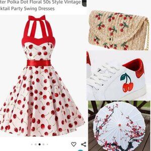 New Dress, Katy Perry Sneakers, Straw purse & a PARASOL in a Cherry Theme